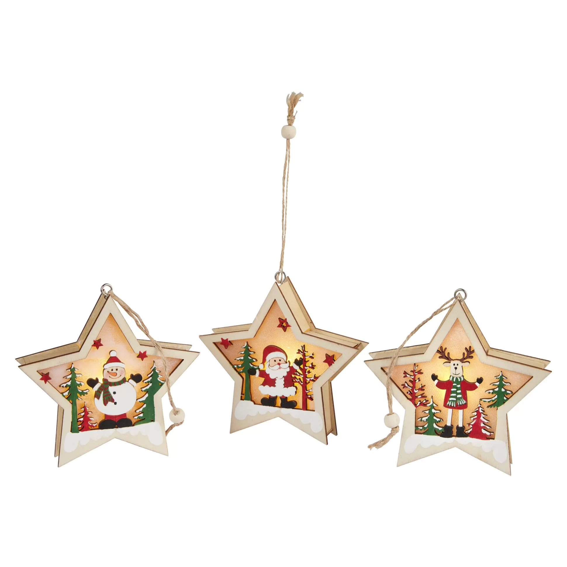 Kerstdecoraties^viva domo Houten Sterren Met Led Trio, 3 Stuks