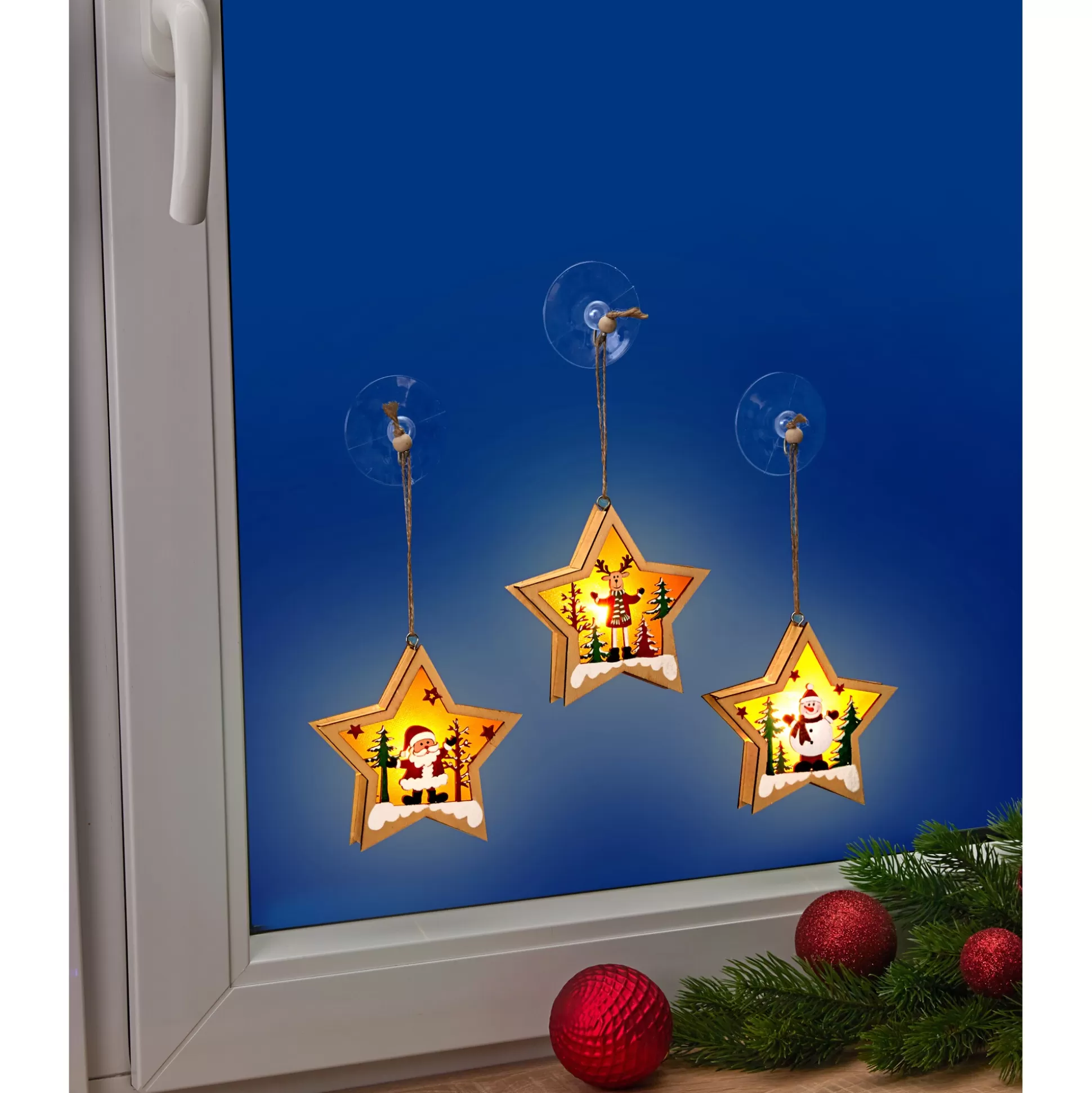 Kerstdecoraties^viva domo Houten Sterren Met Led Trio, 3 Stuks